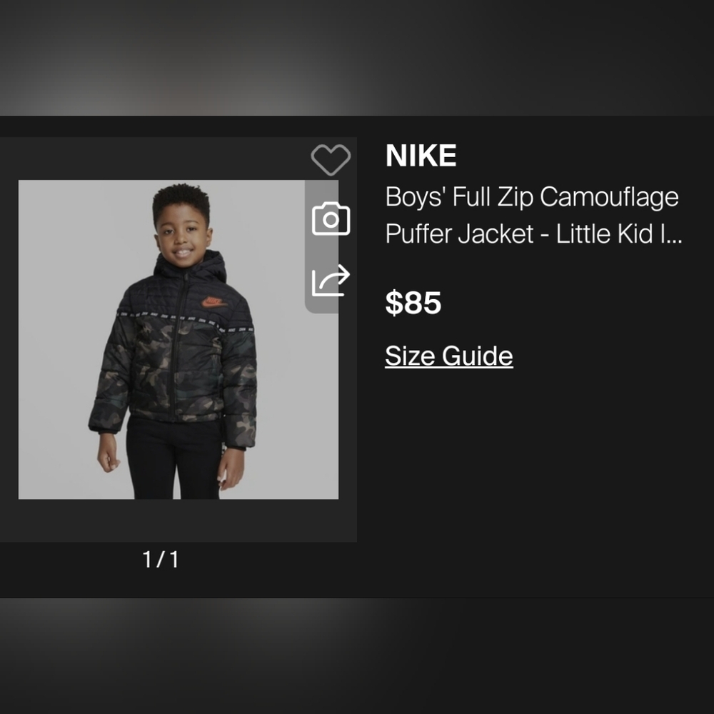 Nike Camouflage Puffer Jacket Coat Boys Size XS or 4 - Picture 2 of 10